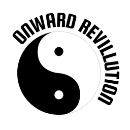 A logo of the yin and yang symbol with text onward revillution in black and white on a white background